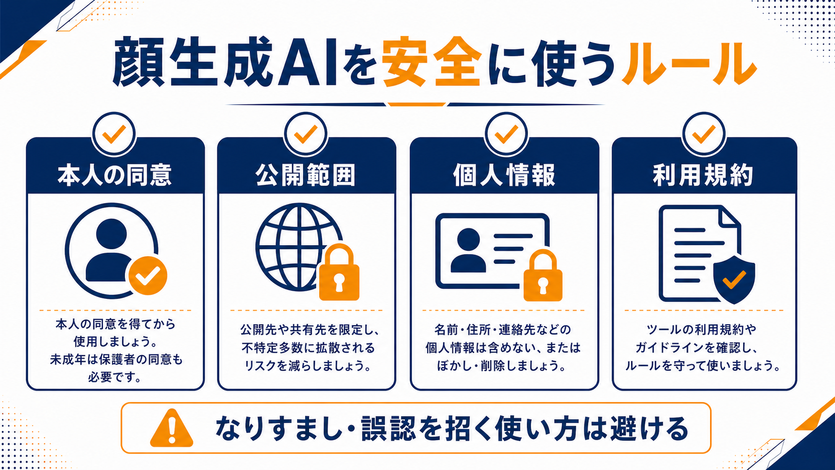 ディープフェイク作成アプリを安全に使うための注意点の図解