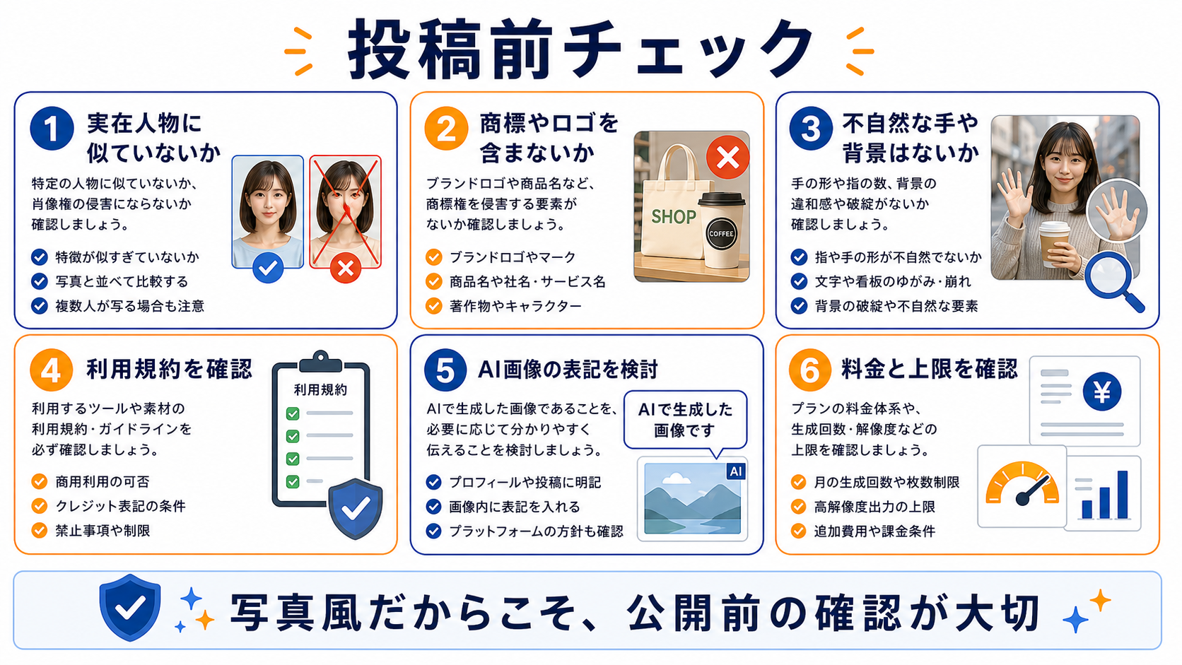 AI生成の写真風人物画像を投稿前に実在人物、商標、規約、表記、料金上限で確認する図解
