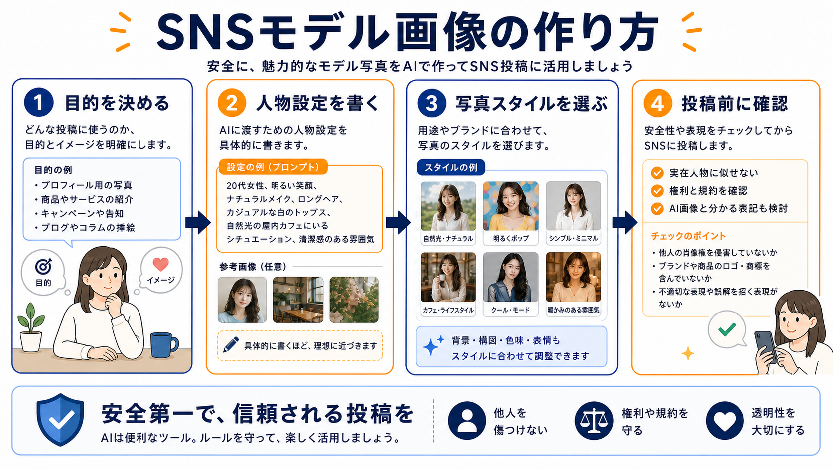 SNSモデル画像を目的、人物設定、写真スタイル、投稿前確認の順に作る流れ
