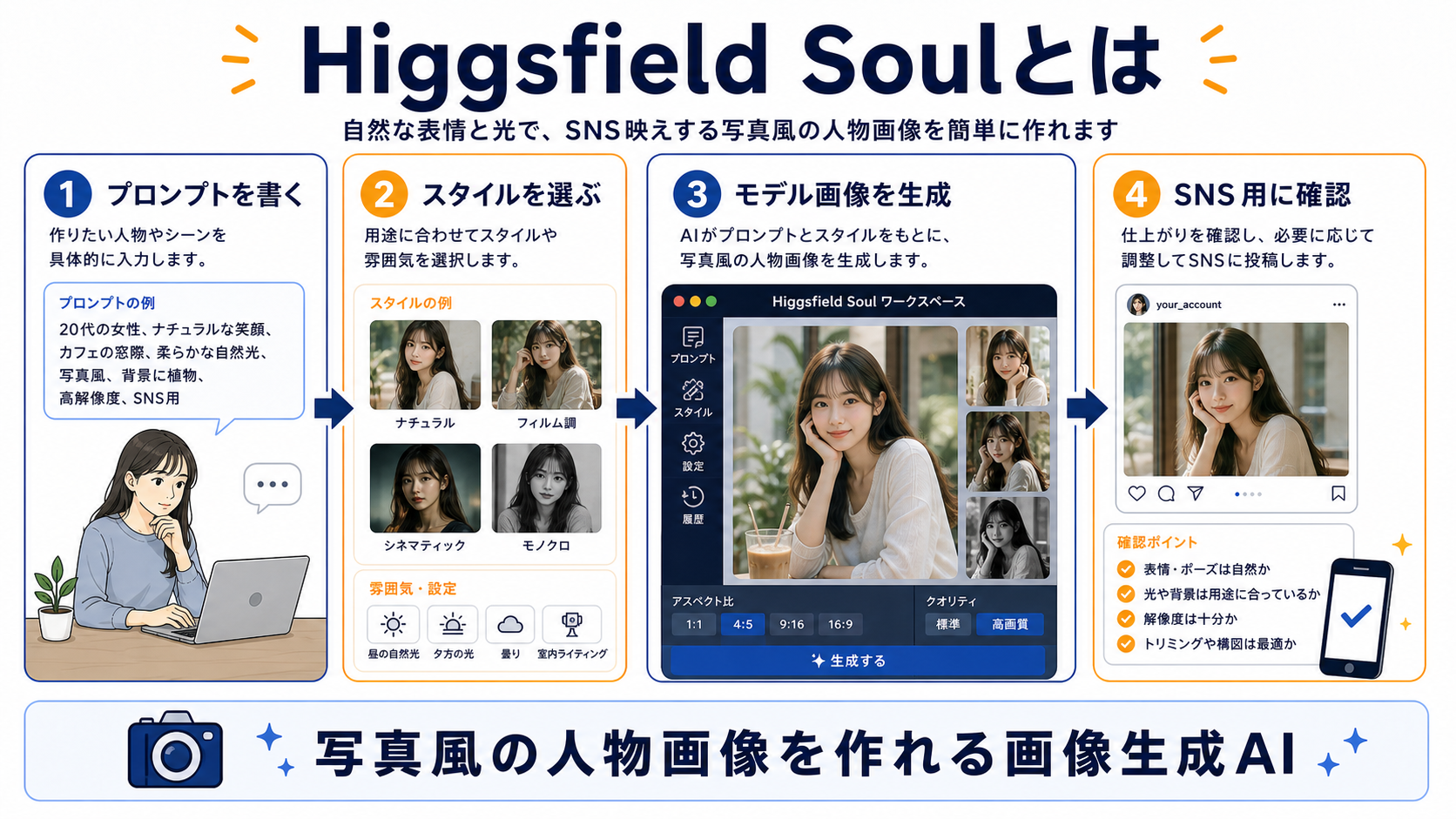 Higgsfield Soulでプロンプトを書きスタイルを選びモデル画像を生成しSNS用に確認する流れ