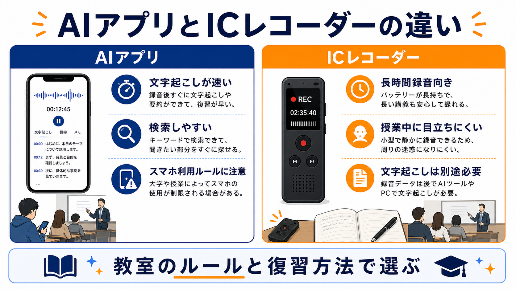 大学の講義録音でAIアプリとICレコーダーを文字起こし、検索性、録音時間、授業ルールで比較する図