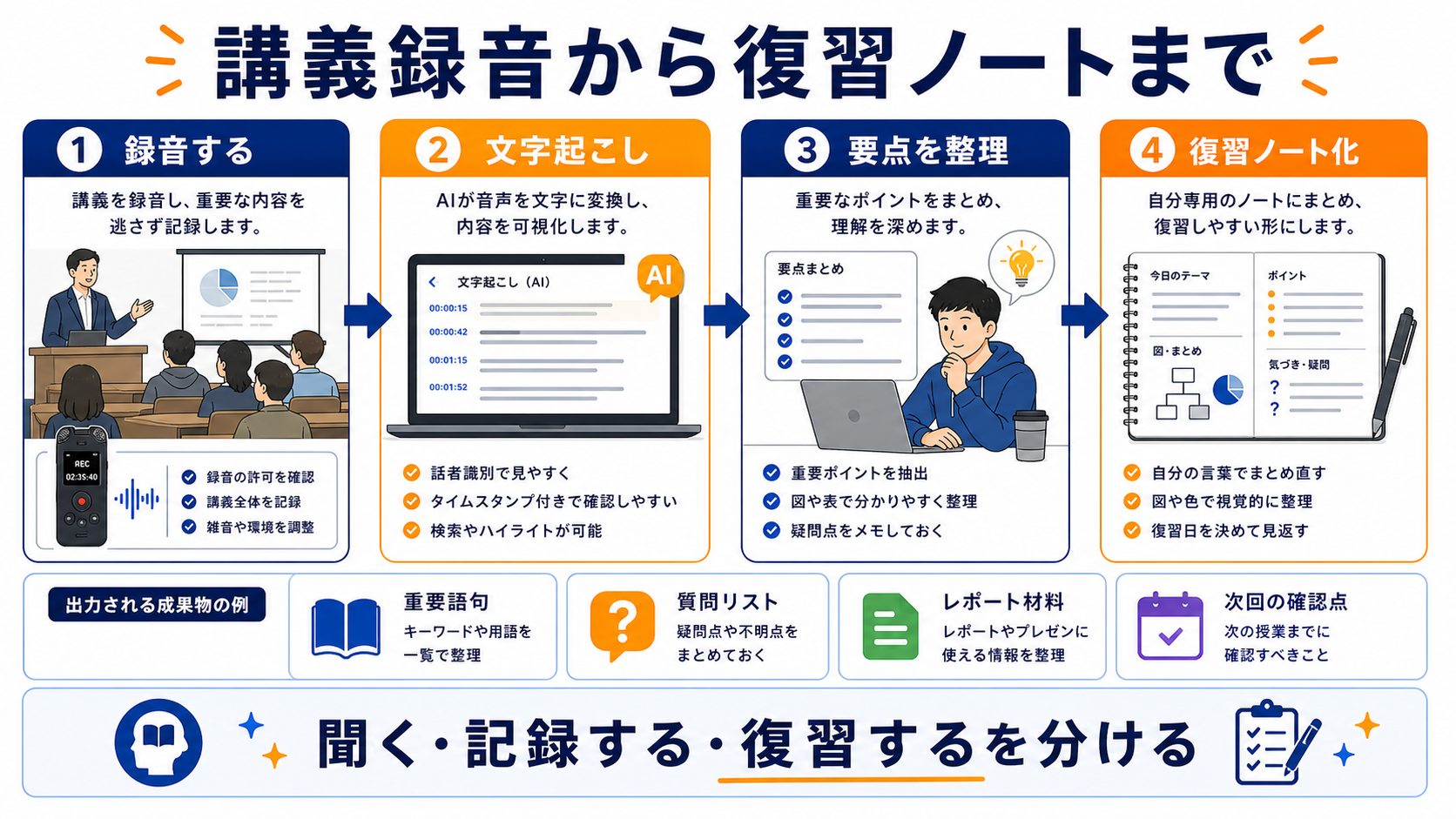 大学の講義を録音し文字起こし、要点整理、復習ノート化する流れ