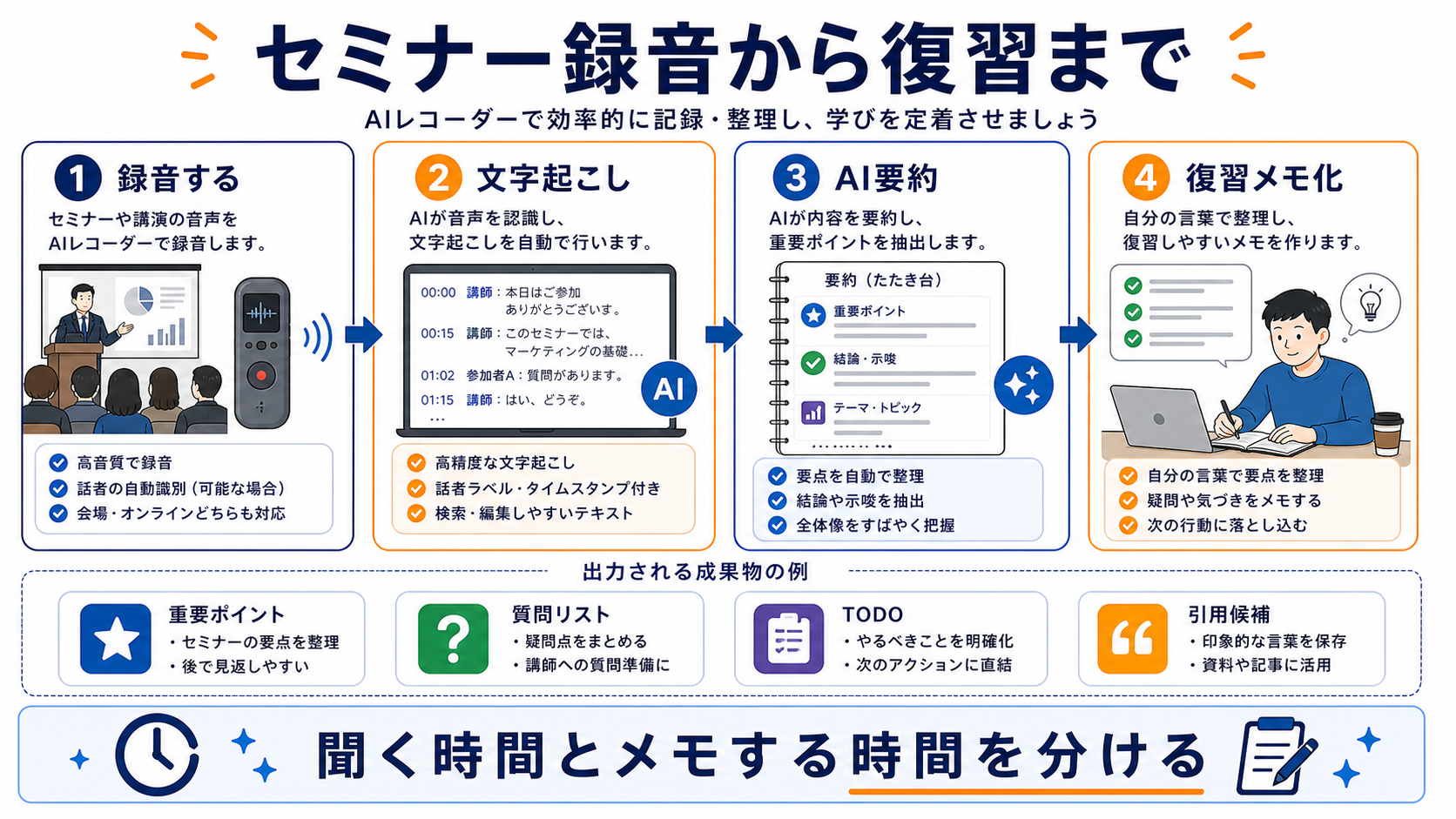 セミナー録音から文字起こし、AI要約、復習メモ化までの流れ