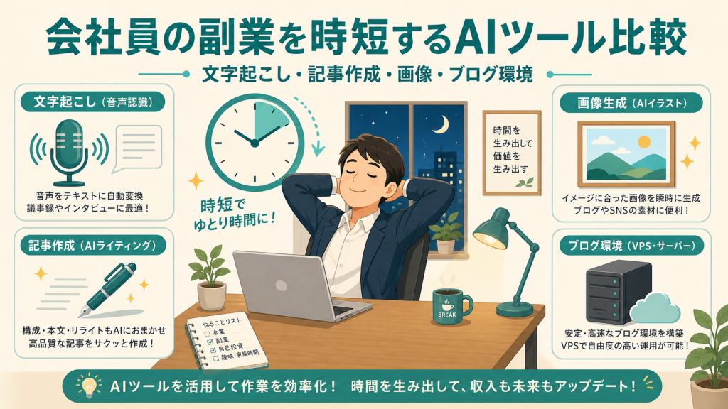 会社員の副業を時短するAIツール比較 文字起こし・記事作成・画像・ブログ環境