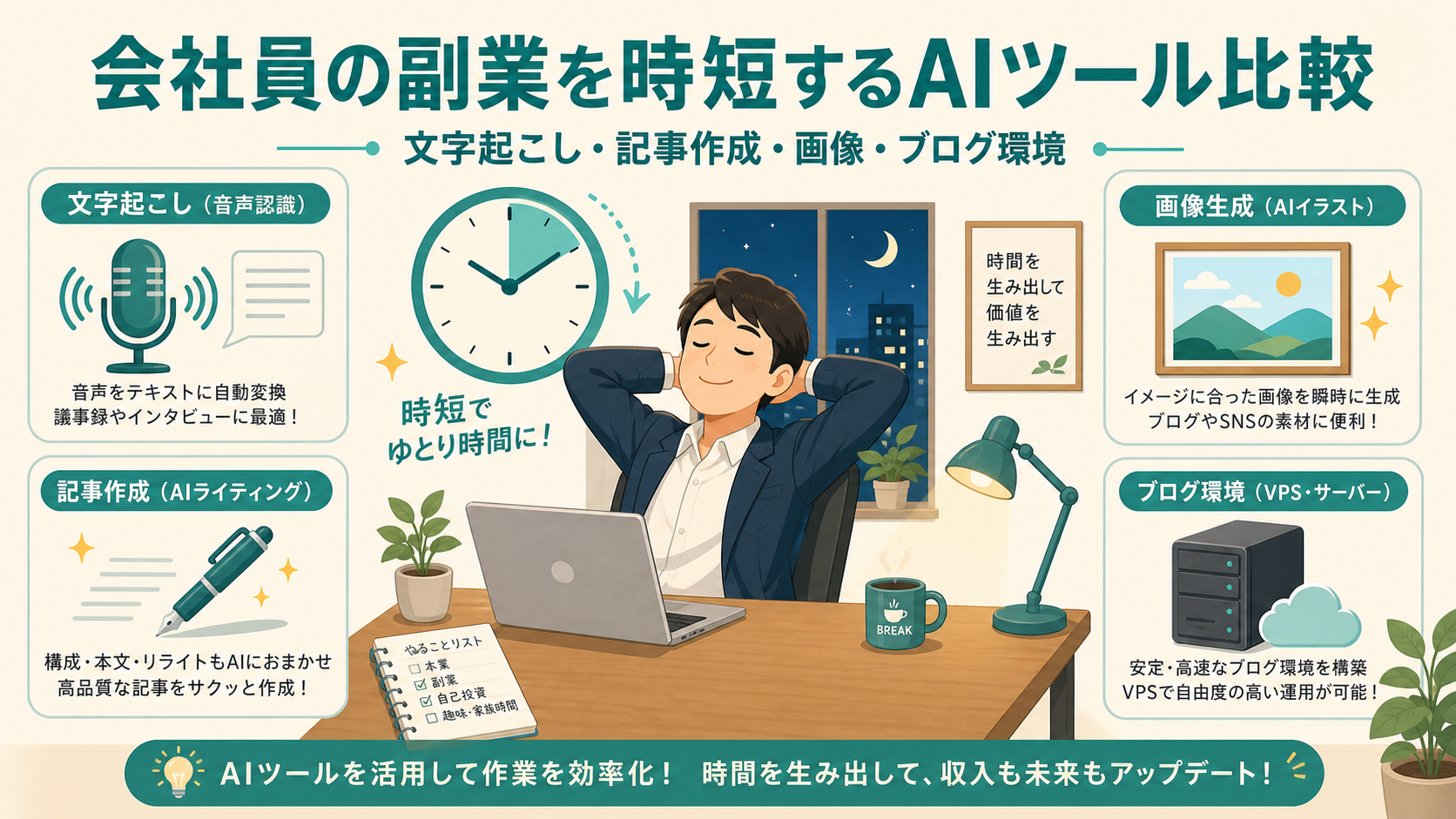 会社員の副業を時短するAIツール比較 文字起こし・記事作成・画像・ブログ環境